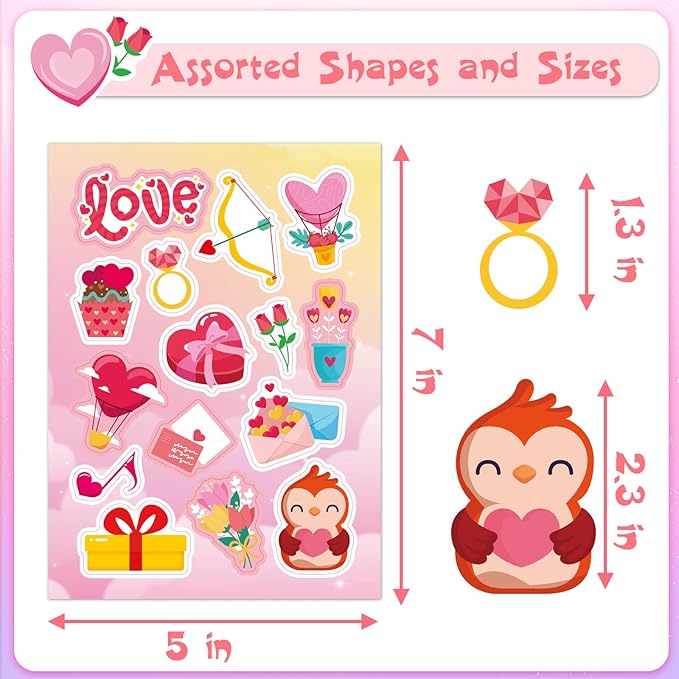 24 Sheets Valentines Day Stickers for Kids, 330 Pcs Valentines Stickers Bulk Stuff for Gift Cards Scrapbook Crafts Decor（110 Unique Designs 3 Each ）