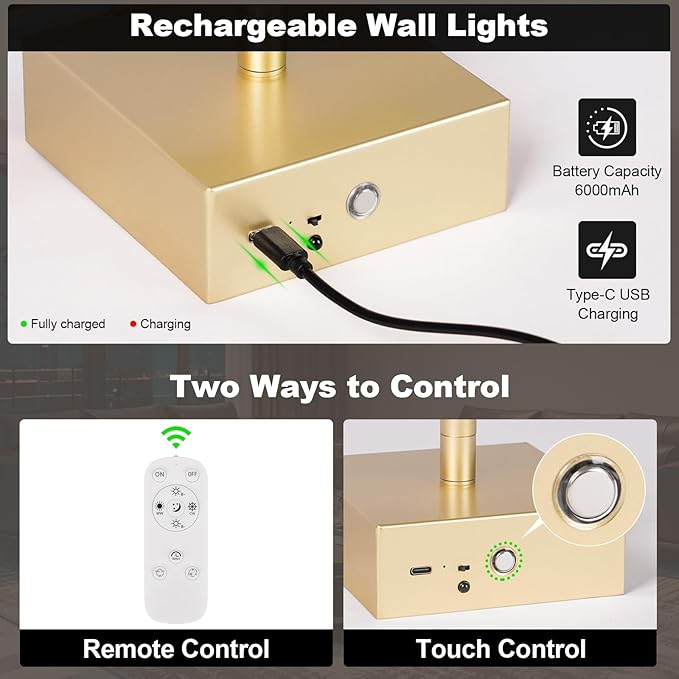 Battery Operated Wall Sconce, 3000K-6000K Dimmable Gold Wall Lights - Image 4