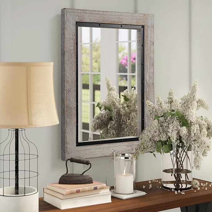YOSHOOT Rustic Wooden Framed Wall Mirror, Natural Wood and Iron Bathroom Vanity - Image 4