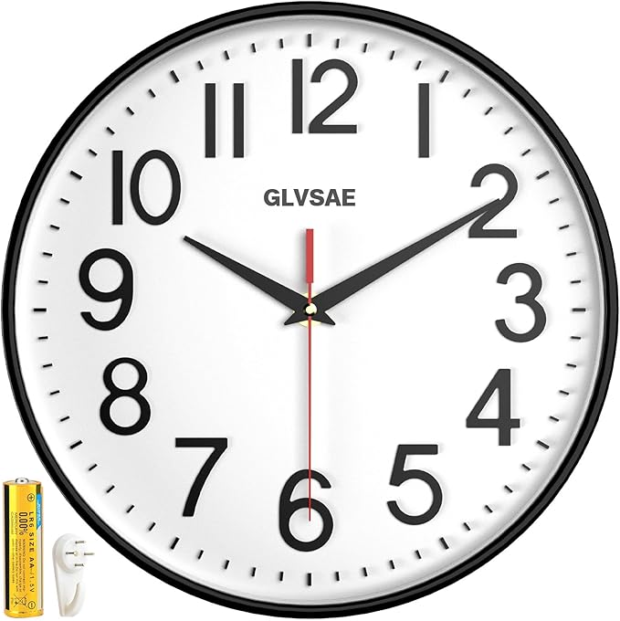 GLVSAE Wall Clock 12 Inches Non-Ticking Wall Clocks Battery Operated Large Easy by GLVSAE