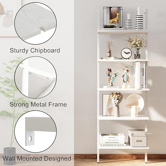 aboxoo Ladder Shelf White Wooden Bookshelf 5-Tier Wall-Mounted Open Wood Rack - Image 8