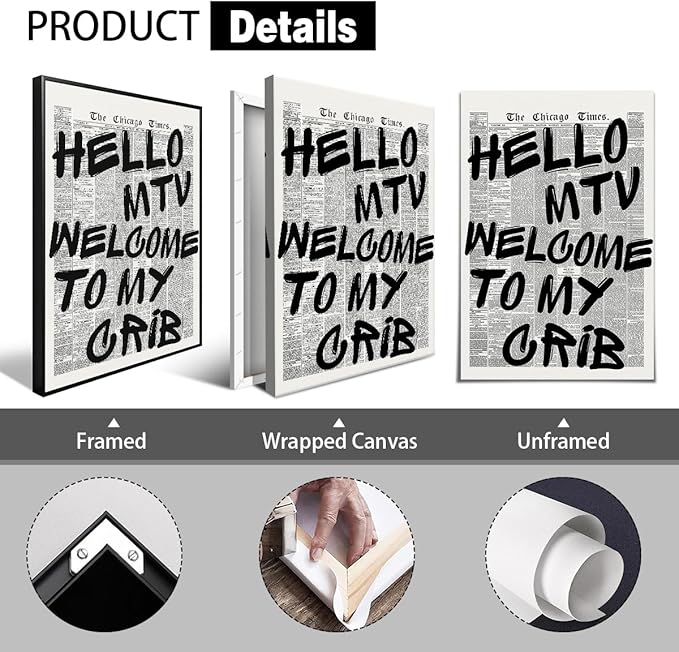 Enlaizhude Hello MTV Welcome To My Crib Quote Poster, Vintage Black White - Image 2