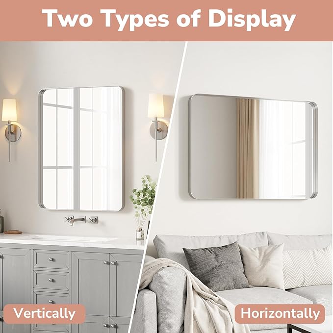 USHOWER Brushed Nickel Bathroom Mirror 30"x40", Rounded Corner, Aluminum Frame - Image 6