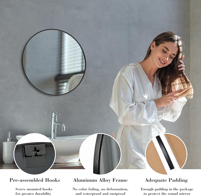 DUMOS Black Circle Mirror for Wall 20.02 inch, Bathroom Round Mirror for Over - Image 6