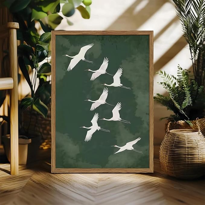 Framed Japanese Flying Cranes Wall Art, Vintage Bird Pictures Wall Decor - Image 3
