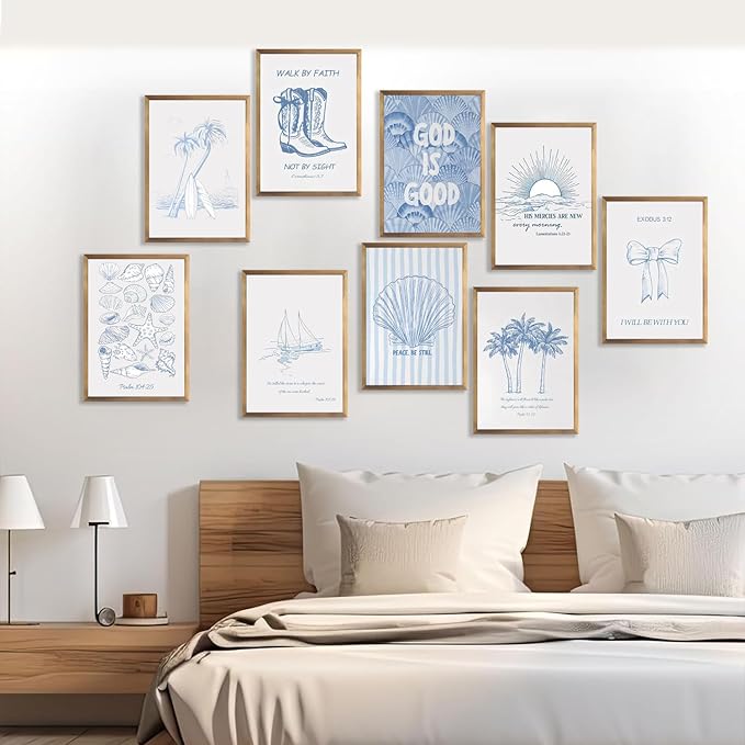 9 Pcs Coastal Christian Wall Art Blue Seashell Posters Inspirational Bible - Image 3
