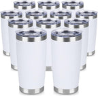 20 oz Tumbler Stainless Steel Tumblers Bulk with Lid Double Wall Insulated Coffee Tumbler Cups for Hot & Cold Drinks Powder Coated Travel Coffee Tumbler Mug Metal (White, 12 pack)