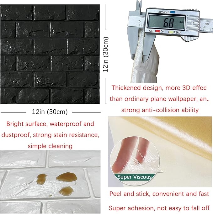 YU LI 3DH 3D Wall Panels Peel and Stick 11PCS Black Foam Brick Wallpaper - Image 5