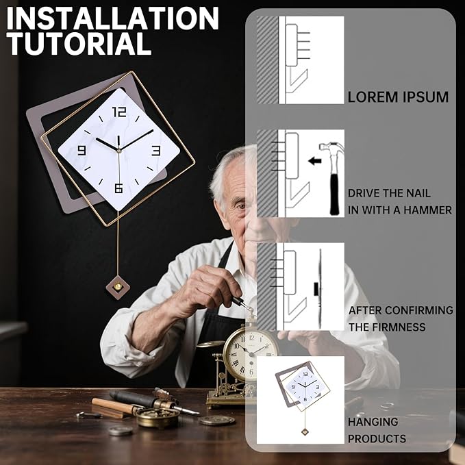 Wall Clock with Pendulum, Silent Quality Quartz Battery Operated, Modern Large - Image 7
