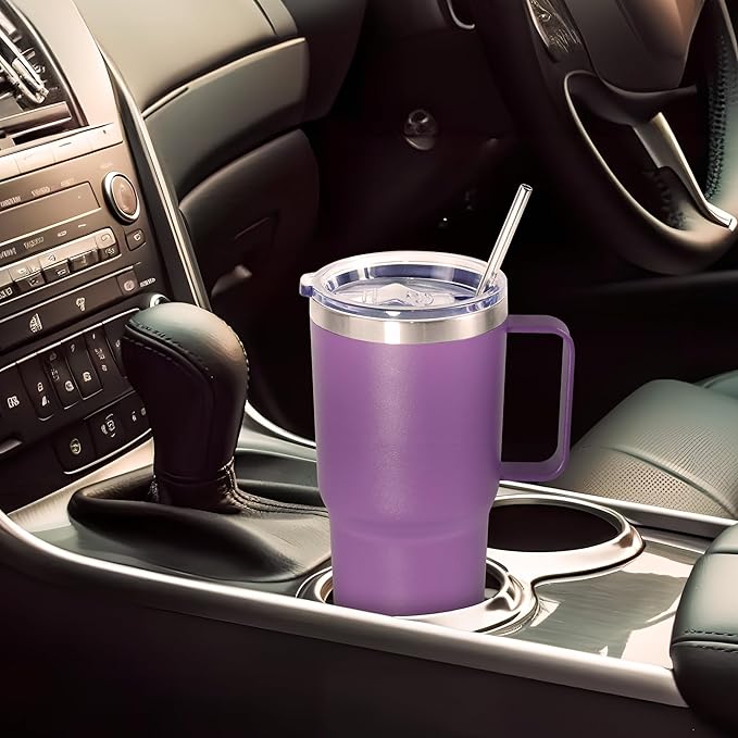20 oz Tumbler with Handle, insulated cup coffee mug with lid, straw and handle, Double Wall Stainless Steel Vacuum Coffee Tumbler travel mug spill proof, 1pcs Purple