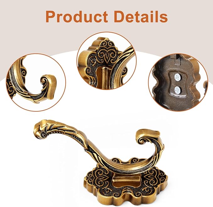 Zonon 8 Pcs Antique Gold Wall Hooks Set Vintage Coat & Towel Hooks - Image 3