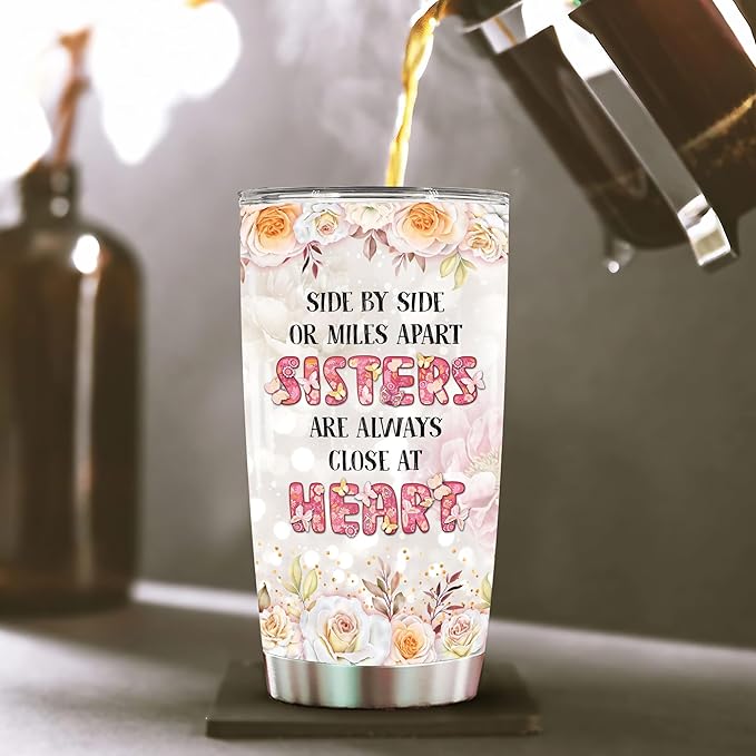 WAZONE Personalized Always My Sister Forever My Friend Stainless Steel Tumbler 20oz 30oz Custom Name Flower Floral Insulated Cup Travel Mug Birthday Gift Ideas For Sisters Sisterhood