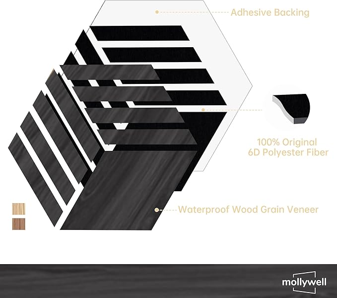 Mollywell Acoustic Panels, PVC Wood-Grain, 14x12 Inch Hexagon Carved Sound - Image 3