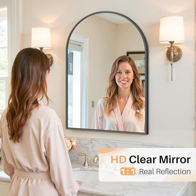 Bathroom Mirror for Wall, 30x20 Inch Arched Mirror, Matte Black Metal Framed - Image 8