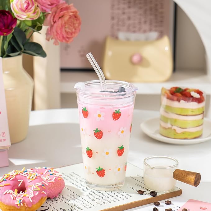 15oz Glass Tumbler with Glass Straw and Lid, Cute Iced Coffee Cups, Aesthetic Glass Cups, Coffee Tumbler, Water Cup, Matcha Cup, Drinking Glasses (Strawberry)