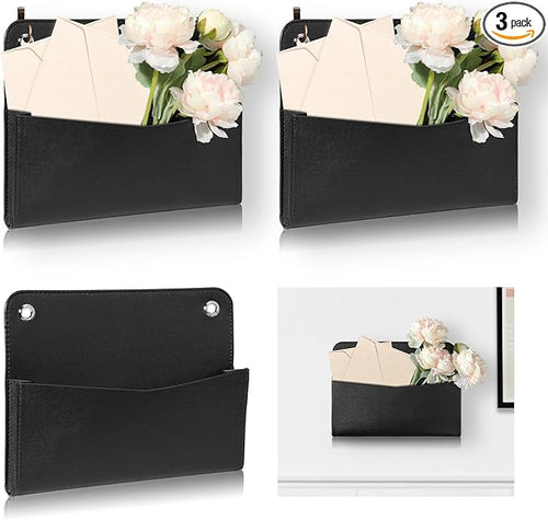 3 PCS Wall Mount PU Leather Mail Holder Black Faux Leather Letter Holder 2 Ring by Unknown