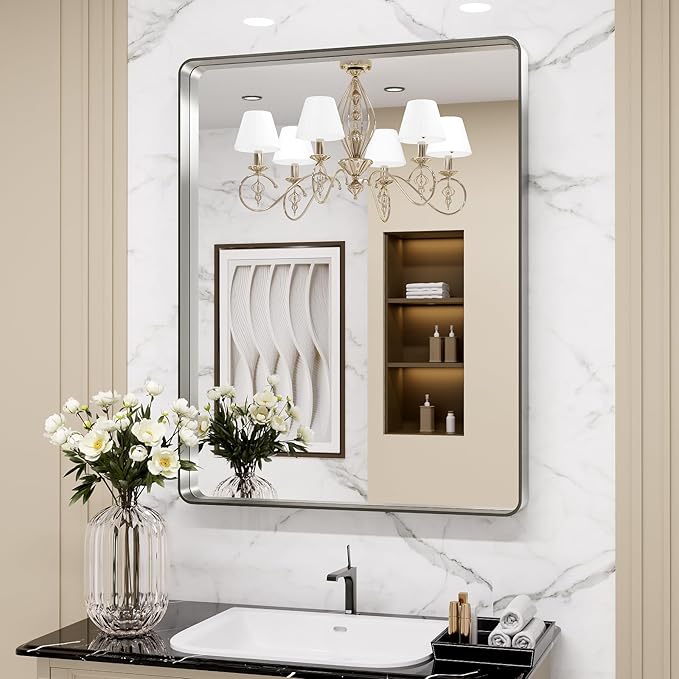 LOAAO 32X36 Inch Brushed Nickel Bathroom Mirror, Rounded Rectangle Silver Metal - Image 8