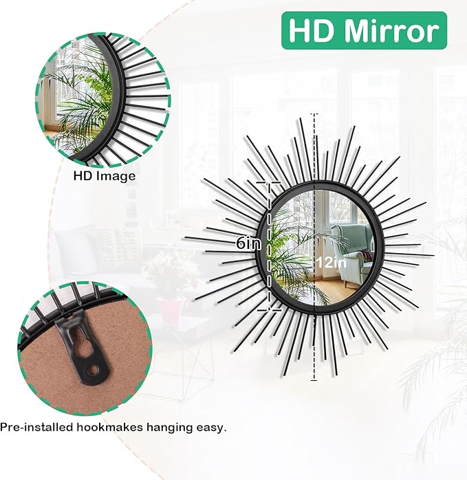 Sunburst Wall mirror Black Small Spoked Wall Decor Mirror Bohemian Home Round - Image 7