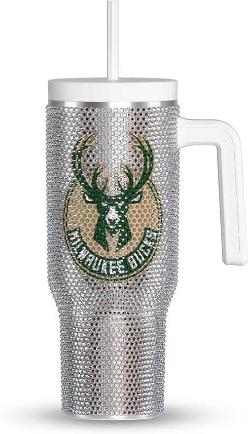 Hydrapeak x NBA Officially Licensed Milwaukee Bucks Voyager 40 oz Stainless Steel Bling Tumbler with Handle, Insulated Rhinestone Water Bottle With Straw & Lid, Includes Gift Box