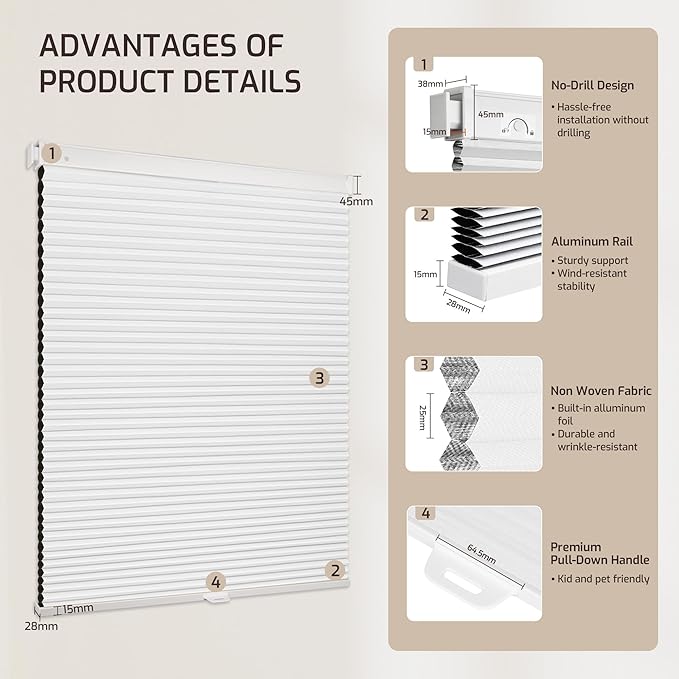 Grandekor No Tools No Drill Cordless Cellular Shades, UV Protection Privacy No - Image 9