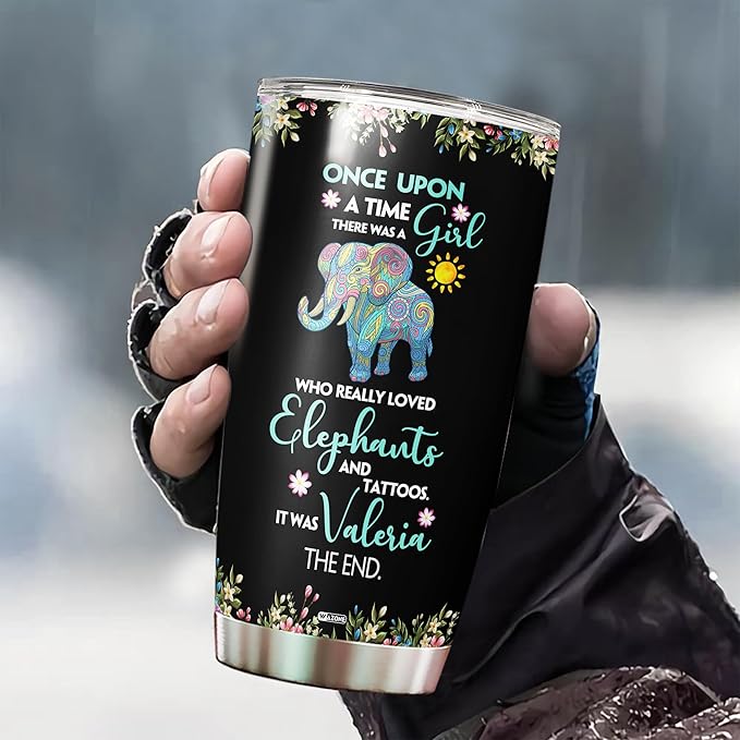 WAZONE Personalized Elephant Tumbler Customize Name A Girl Who Loved Elephants Vacuum Insulated Cup With Lid 20oz 30oz Stainless Steel Travel Coffee Mug Gift Birthday Christmas For Women Her