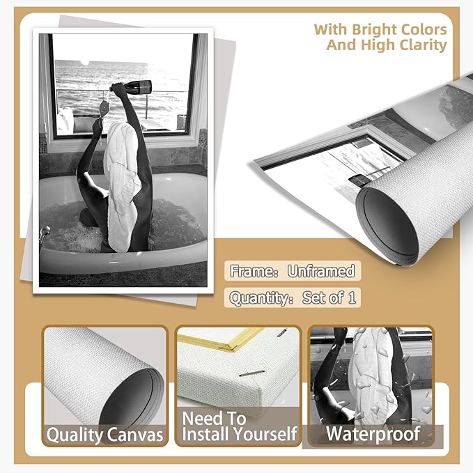 Trendy Black and White Posters Funny Woman Drinking Wine in Bathtub Wall Art - Image 7