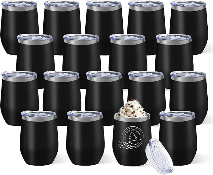 YOUKE OLA 18 Pack Stainless Steel Wine Tumbler with lid, 12oz Insulated Powder Coated Wine Tumbler Stemless Double Wall Vacuum Wine Glass Coffee Tumbler for Laser Engrave, Black