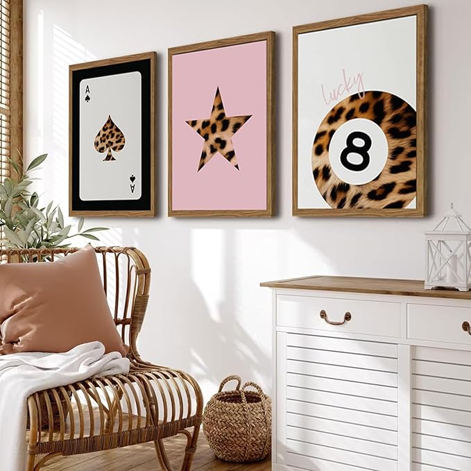 Pink and Black Leopard Wall Art, Lucky Girl 8 Ball Wall Decor Set of 3 Cheetah - Image 4