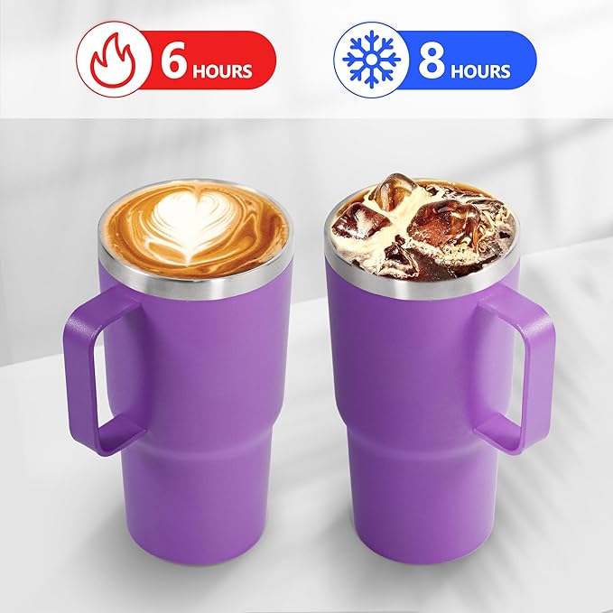 20 oz Tumbler with Handle, insulated cup coffee mug with lid, straw and handle, Double Wall Stainless Steel Vacuum Coffee Tumbler travel mug spill proof, 1pcs Purple