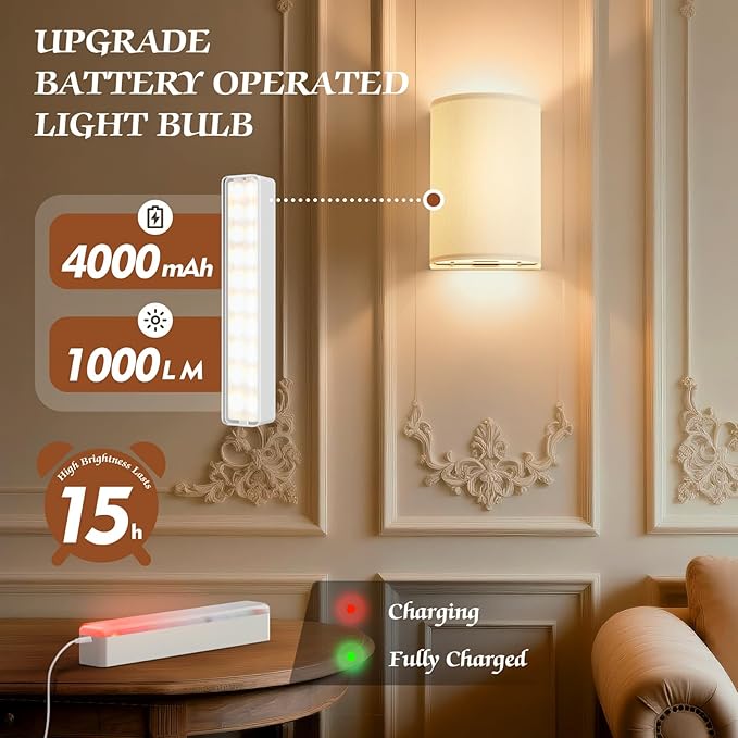 OCATO Battery Operated Wall Sconce: Wireless Wall Sconces Set of Two Battery - Image 3