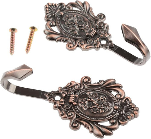 2Pcs Wall Hooks Red Copper Rose Pattern Carved Vintage Drapery Clothes Key Hook - Image 2