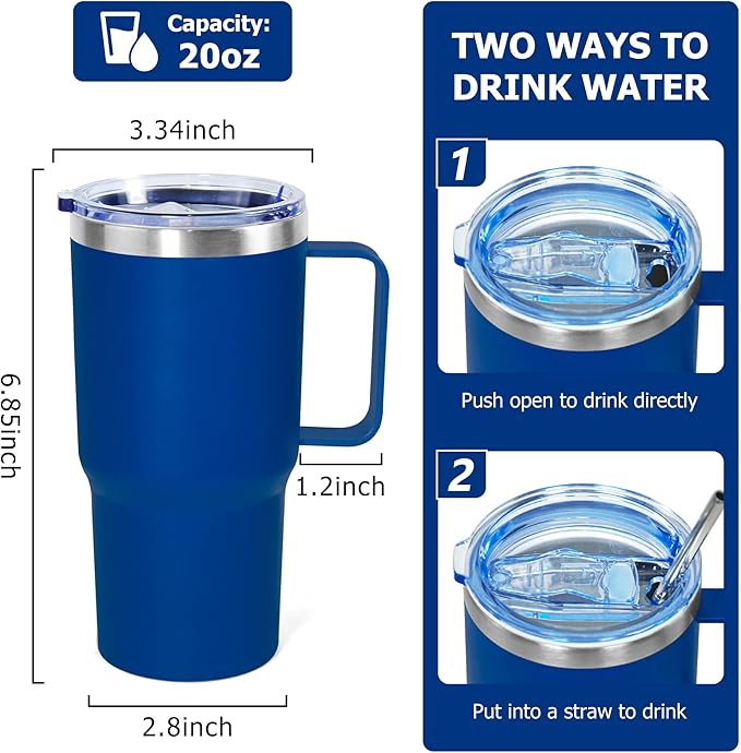 20 oz Tumbler with Handle, insulated cup coffee mug with lid, straw and handle, Double Wall Stainless Steel Vacuum Coffee Tumbler travel mug spill proof, 1pcs Blue