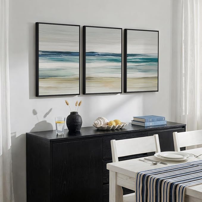 Framed Abstract Coastal Wall Art Bedroom, 3 Piece Blue Beach Landscape Canvas - Image 2