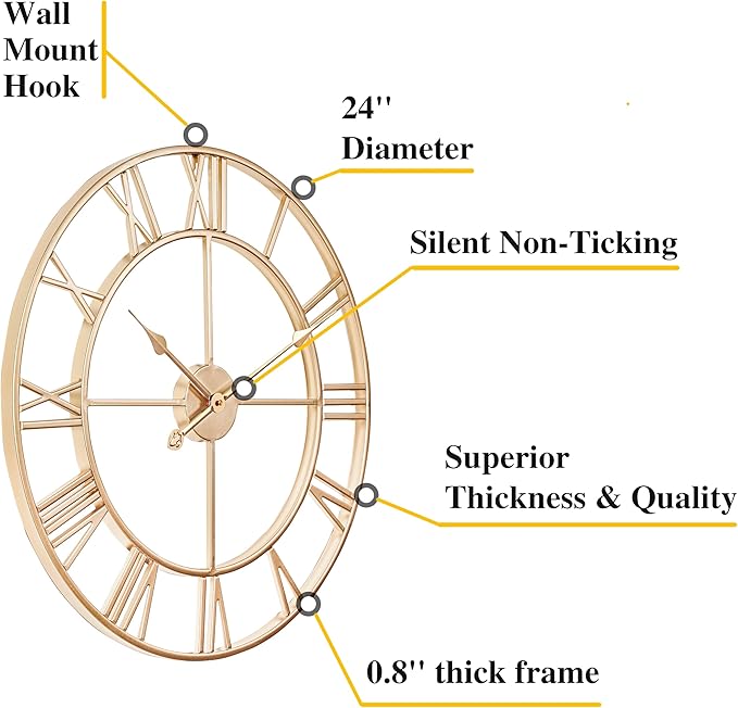 CLXEAST Champagne Gold Metal Wall Clock, Large Roman Numeral 24 Inch Wall Clocks - Image 2