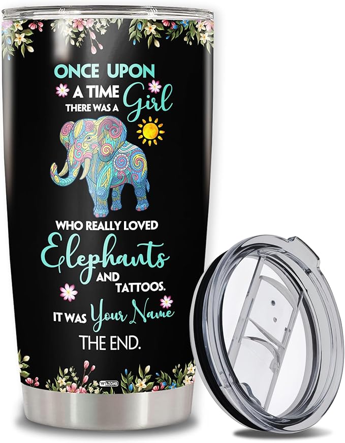 WAZONE Personalized Elephant Tumbler Customize Name A Girl Who Loved Elephants Vacuum Insulated Cup With Lid 20oz 30oz Stainless Steel Travel Coffee Mug Gift Birthday Christmas For Women Her