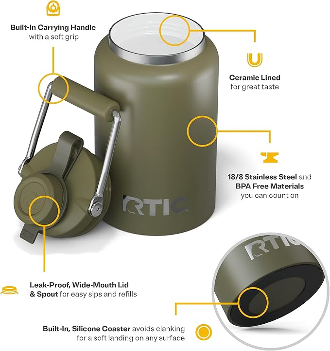 RTIC Half Gallon Outback Jug, Stainless Steel, Ceramic Lined Insulated Water Bottle with Lid and Handle, BPA-Free, Double Wall Vacuum Insulation, Olive