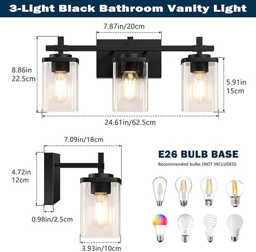 3-Lights Bathroom Vanity Light Fixtures, Modern Black Vanity Lights Over Mirror - Image 2
