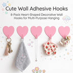 Heart Wall Hooks, 8 Pack, Small Pink Decorative Accessories, Purse Hanger - Image 2