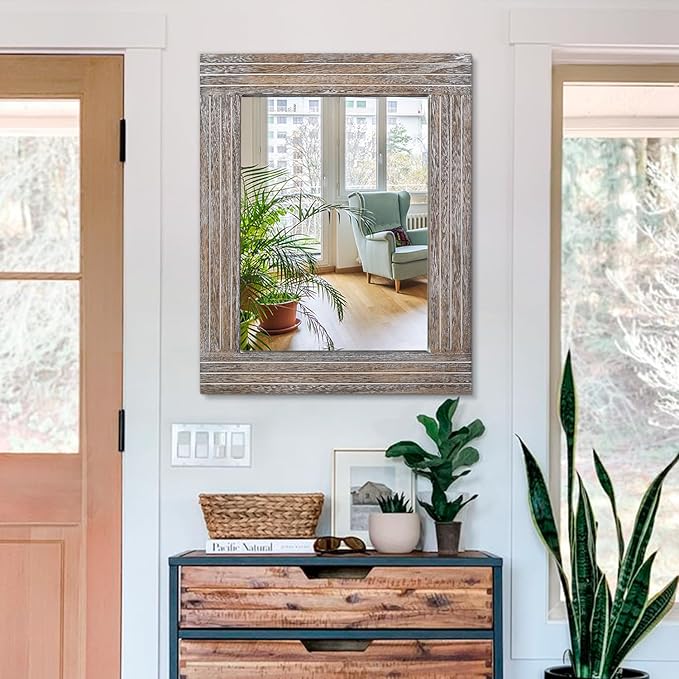 Wall Mirror Rustic Wooden Frame Rectangle Mirror Vintage Hanging Mirror - Image 3