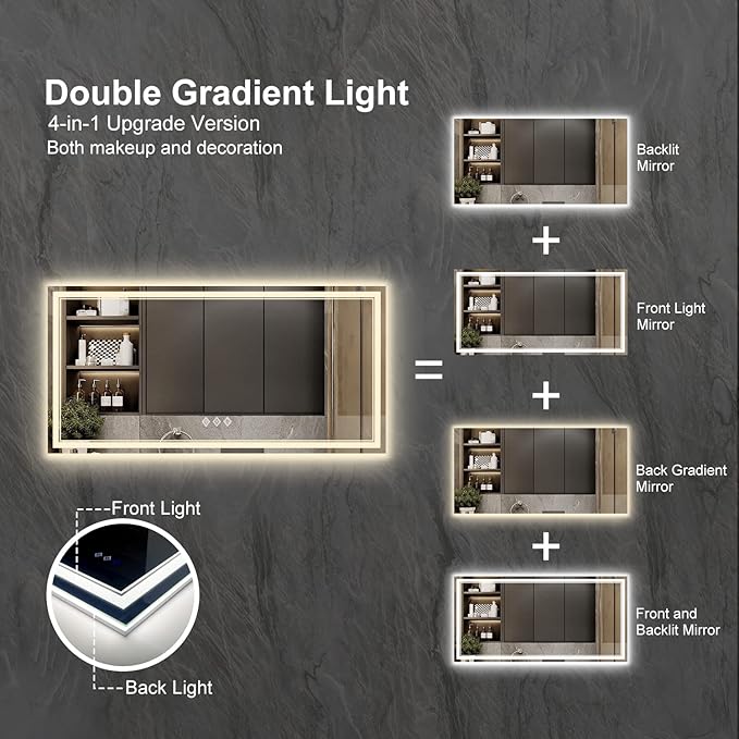 LED Bathroom Mirror with Lights, 72x36 Inch Gradient Front and Backlight LED - Image 4