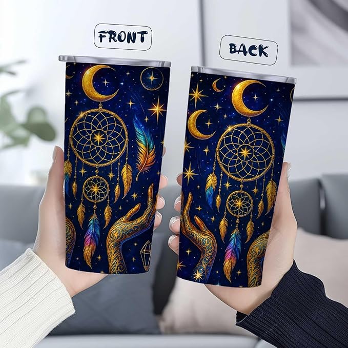 20 oz Leak Proof Tumbler | Insulated Travel Mug for Women and Men | Stainless Steel Cup with Lid and Straw | Colorful Coffee Tumbler for Christmas and Birthday Gifts | Indian Dreamcatcher