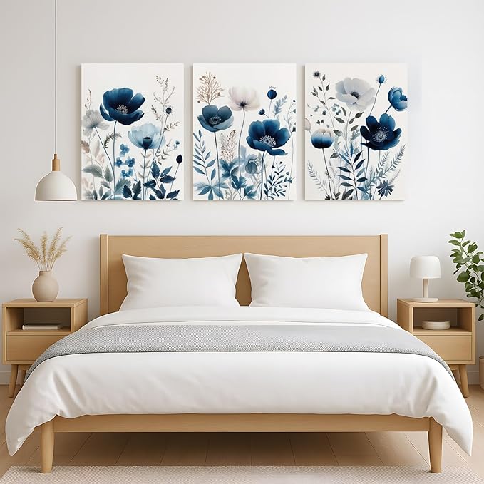 LLEEMPI Framed Navy Blue Floral Wall Art Set of 3, Modern Wildflower Wall Decor - Image 5