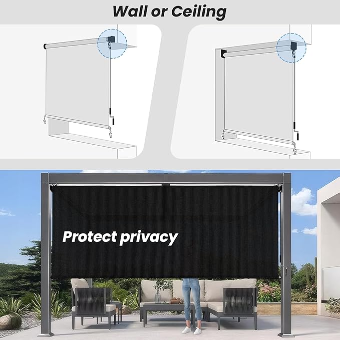 6'W x 6'H Black Patio Shades Roll up Outdoor Roller Shade Crank Wand Blind - Image 6