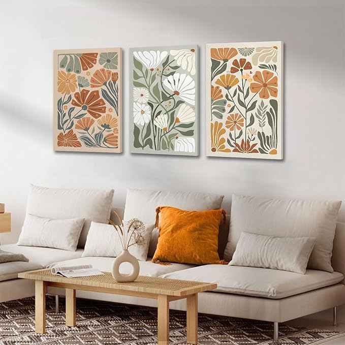 KISSFOX 3 Piece Framed Wall Art Floral Wall Decor Flower Canvas Art Green Beige - Image 4