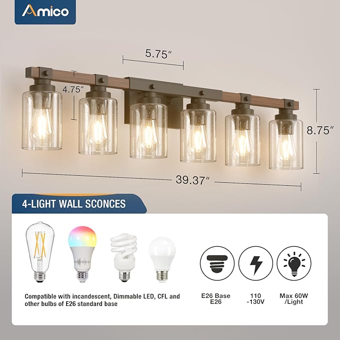 Amico Farmhouse Bathroom Vanity Light Fixtures, Rustic 6-Light Industrial - Image 6