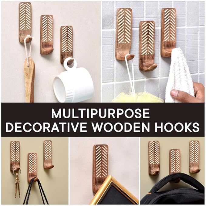 IndianShelf 10 LB- 3 Pieces Decorative Wood Adhesive Wall Hooks–Boho Peel and - Image 6