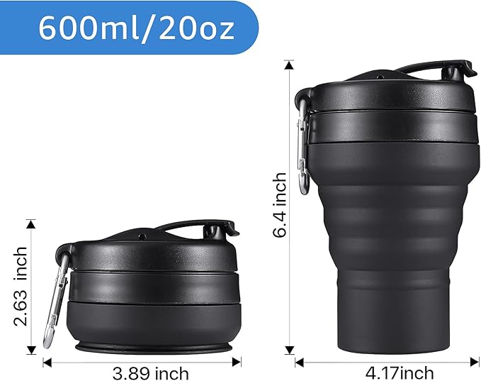 Collapsible Coffee Cup, 2 Pack 20 OZ 600ml Silicone Travel Folding Cup, Leak Proof BPA Free Portable Cup, Travel mug with Lids for Camping hiking