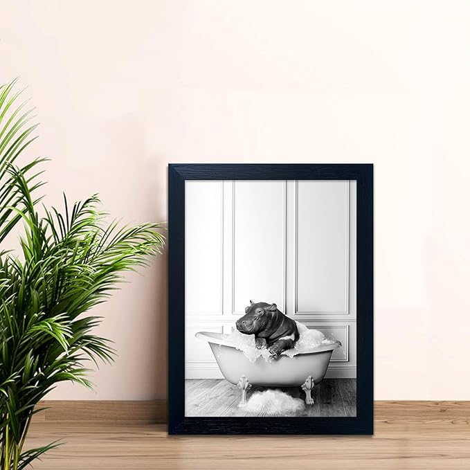 Framed Bathroom Decor Wall Art Black and White Canvas Print Cute Hippo in - Image 7