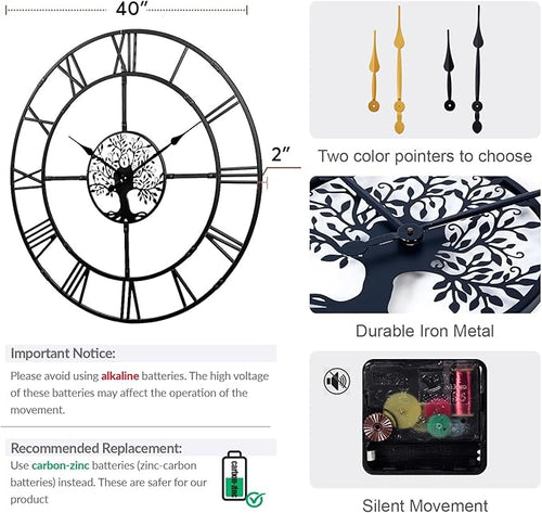 40 Inch Large Wall Clock for Living Room – Black Metal Clock - Image 2