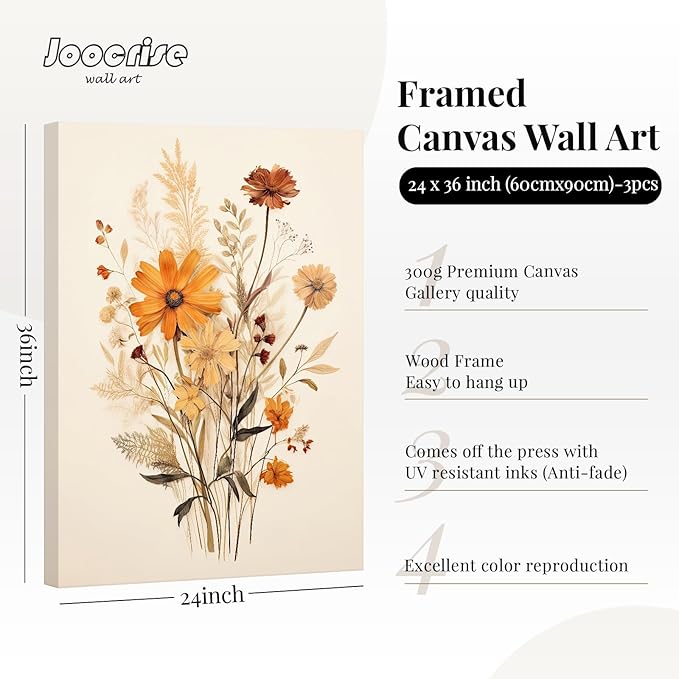Botanical Floral Wall Art Set of 3 Vintage Wildflower Canvas Wall Decor - Image 2